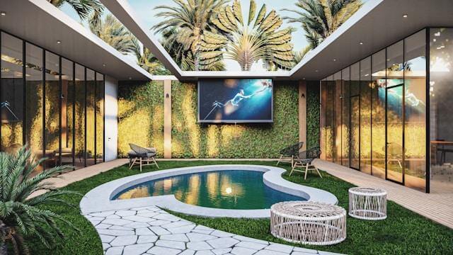 Luxury outdoor remodel with poolside seating, pergola, and garden accents