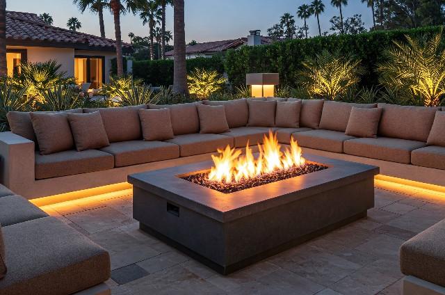 Outdoor fire pit with stainless steel burner and fire glass accents