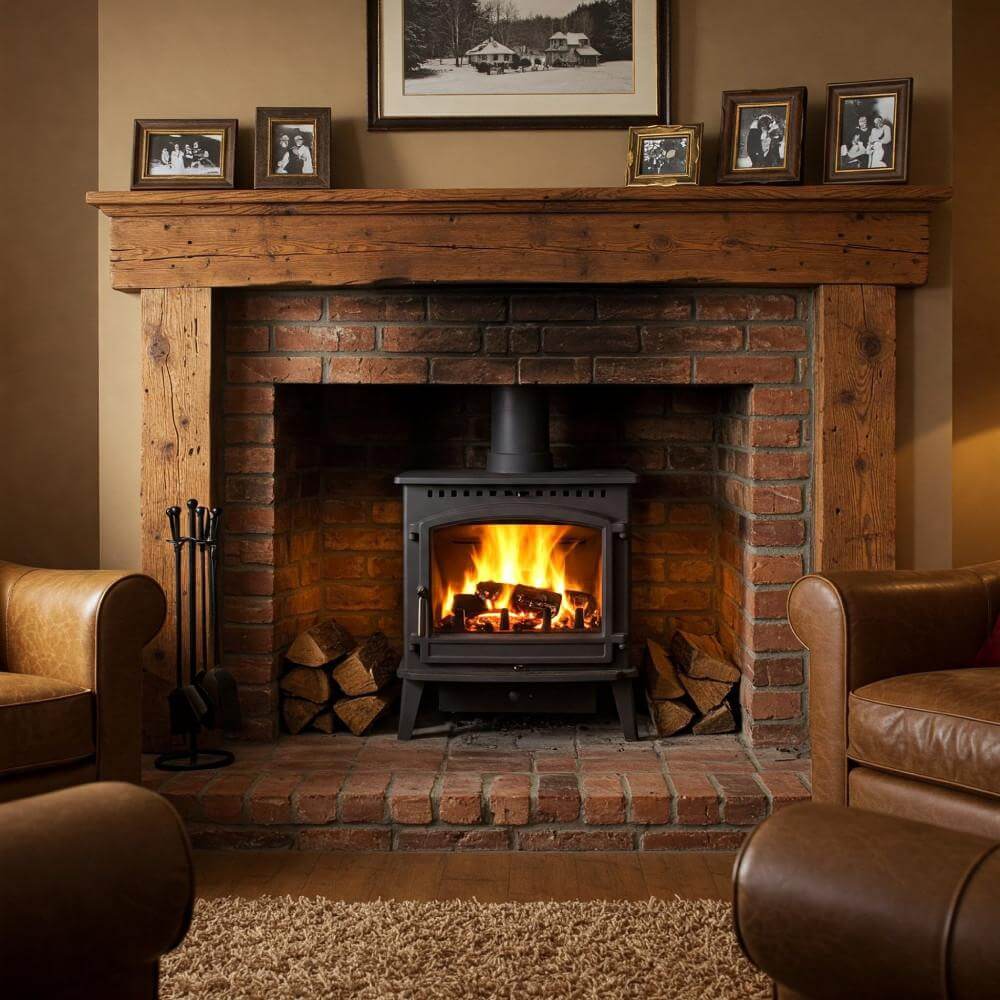 Living room fireplace remodel with stone finish and custom shelving