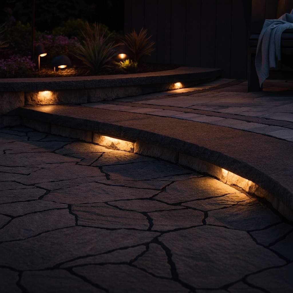 belgard paver lighted outdoor steps and paver patio at dusk