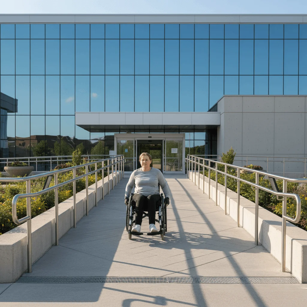 Woman in wheelchair leaving office.