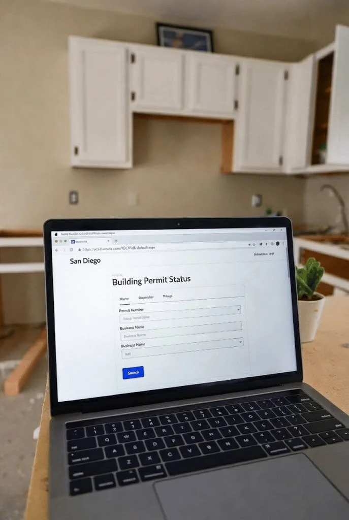 san diego kitchen remodel with laptop on in construction kitchen counter and laptop is at san diego permitting website