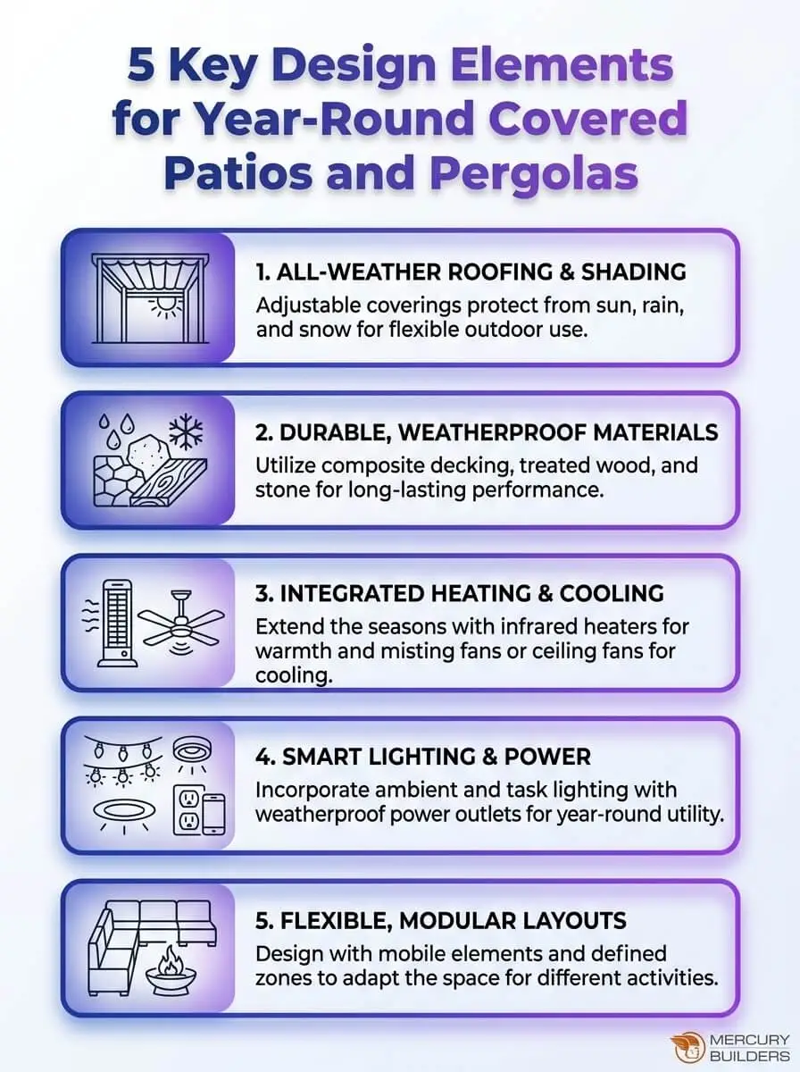 Discover the five design elements that optimize year-round outdoor entertaining. This infographic highlights practical tips for lighting, climate, materials, and layout.