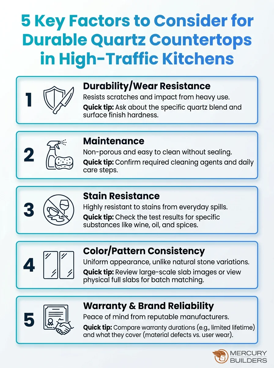 This infographic highlights the five essential factors to consider when selecting quartz countertops for high-traffic kitchens. Use these tips to balance durability, maintenance, and aesthetics.