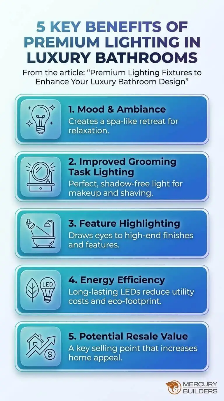 This infographic highlights five key benefits of premium lighting in luxury bathrooms. It shows how smart lighting improves ambiance, functionality, and overall design.