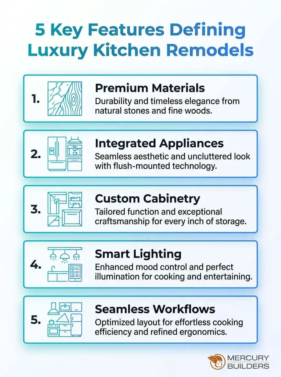 A concise visual highlighting the five features that distinguish luxury kitchen remodels, including premium materials, layout enhancements, and smart technology