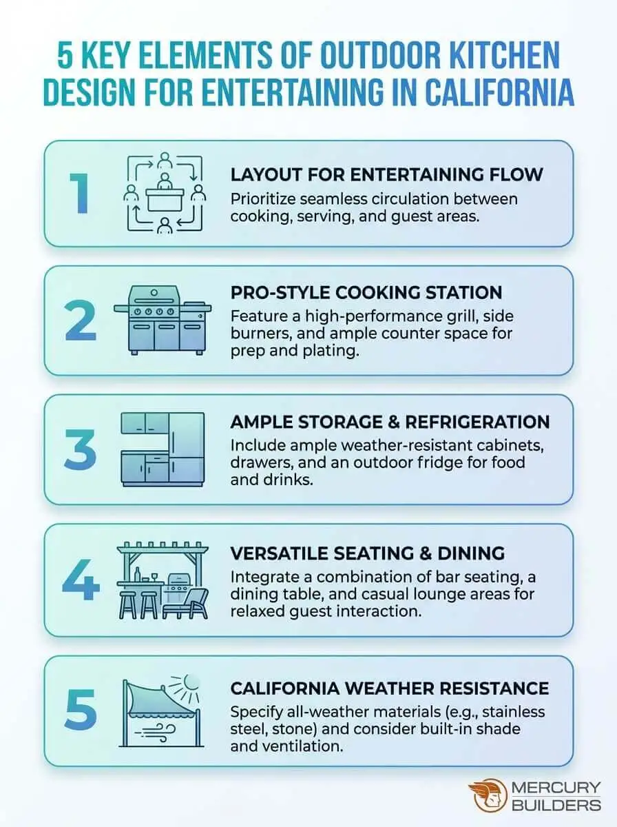 Discover the five essential components of a San Diego-friendly outdoor kitchen designed for entertaining. This infographic highlights layout, appliances, seating, weatherproofing, and lighting.