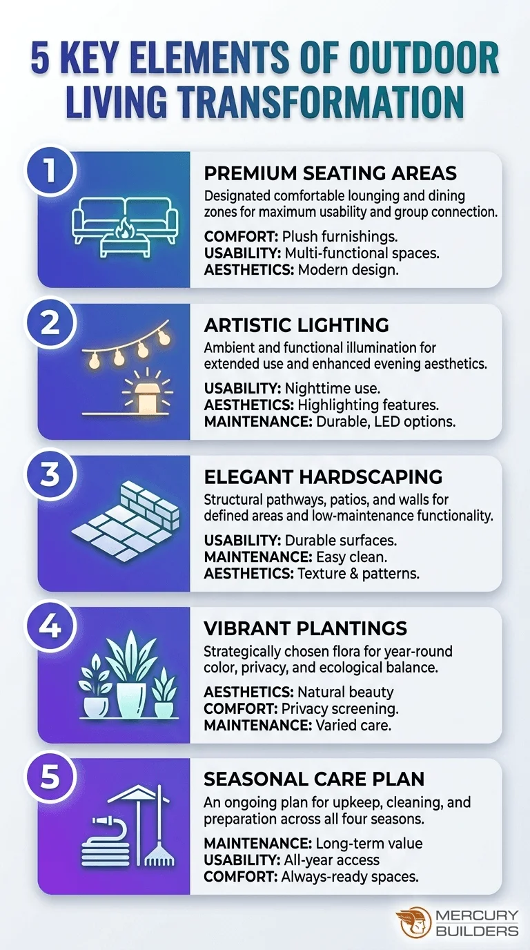 Discover how to transform your outdoor spaces with five essential elements. From seating and lighting to hardscape and plant choices, optimize outdoor living